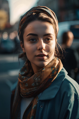 Portrait of a beautiful young woman with a scarf in the cityの素材