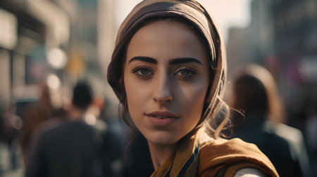 Portrait of a young beautiful girl in a scarf on the streetの素材