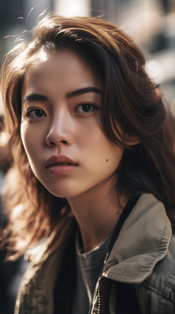 Close up portrait of a beautiful young asian woman in the cityの素材