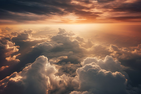 Aerial view of beautiful cloudscape above the clouds at sunset.の素材