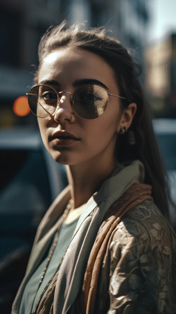 Fashion portrait of a beautiful young woman in sunglasses on the streetの素材