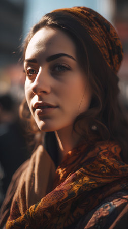 Close up portrait of a beautiful young brunette woman in a brown scarf on the streetの素材