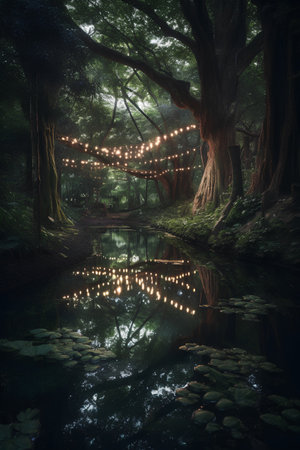 Lanterns in the forest with reflection in the pond.の素材