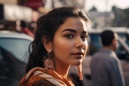 Fashion portrait of young beautiful woman in orange coat on the streetの素材
