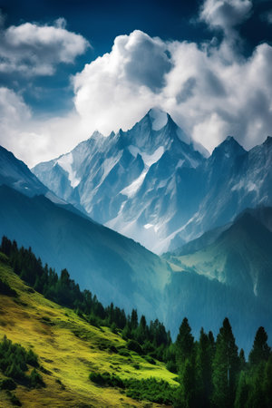 Beautiful mountain landscape with snow-capped peaks in the cloudsの素材