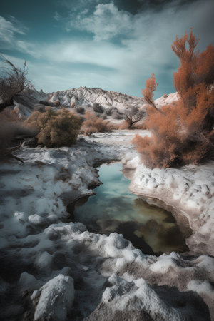 Frozen lake in the desert. Beautiful winter landscape. Toned.の素材