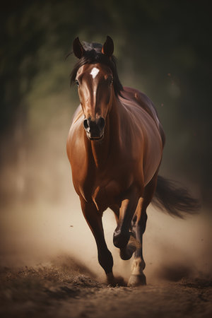 Beautiful bay horse galloping in the field at sunset time.の素材