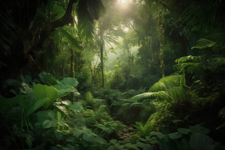 Tropical rainforest with green trees and sunlight in the morningの素材