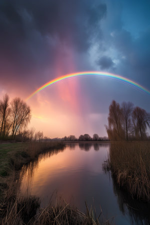 Rainbow over the river at sunset. Landscape with a rainbowの素材