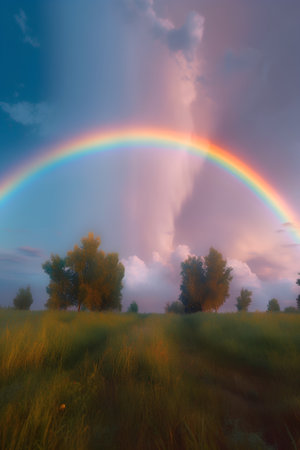 Rainbow over the meadow at sunset, 3d render.の素材