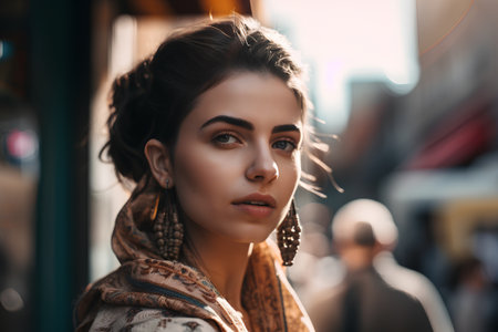 fashion outdoor photo of beautiful sensual woman with dark hair in elegant clothes posing in the cityの素材