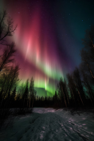 Northern lights, Aurora borealis in the night sky over winter forestの素材