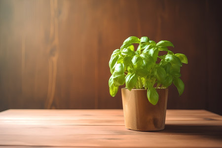 Basil plant in a pot on wooden background. Selective focus.の素材