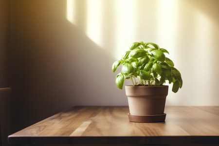 Basil plant in a pot on a wooden table in sunlight.の素材