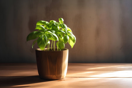 Basil plant in a wooden pot on a wooden background. Selective focus.の素材