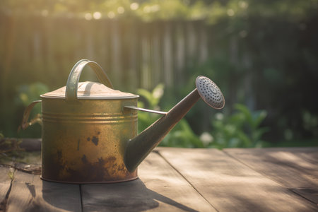 Watering can on a wooden table in the garden. Vintage style.の素材