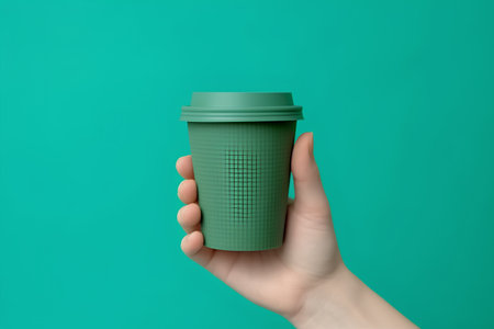 Female hand holding green paper coffee cup on green background. Mockup for designの素材