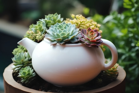 Succulents in a ceramic pot on a wooden table.の素材