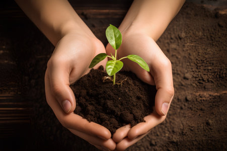 Hands holding young plant with soil on dark background. Ecology conceptの素材