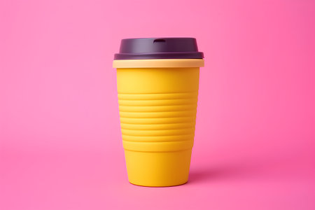 Yellow plastic coffee cup with black lid on pink background. Minimal style.の素材