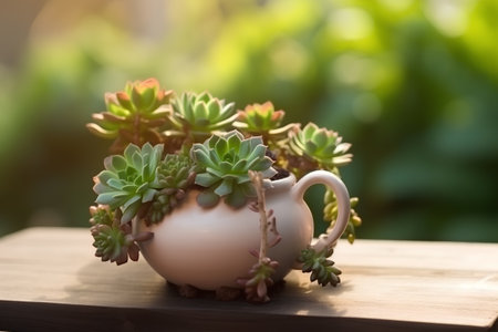 Echeveria in a ceramic pot on a wooden table in the gardenの素材