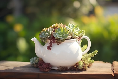 Succulents in a teapot on a wooden tableの素材