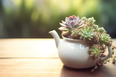 Succulent plant in a teapot on a wooden tableの素材