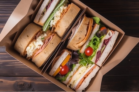 Sandwiches with ham, cheese and vegetables in cardboard box on wooden backgroundの素材