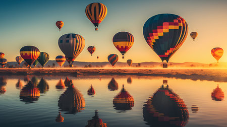 Hot air balloons flying over the lake at sunrise. 3D Renderingの素材