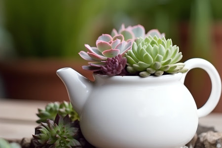Succulent plants in a ceramic pot on a wooden table.の素材