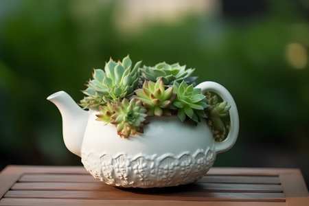 Succulents in ceramic pot on wooden table, stock photoの素材