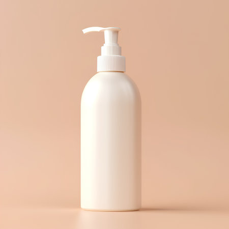 Blank white cosmetic bottle on beige background. 3d renderingの素材