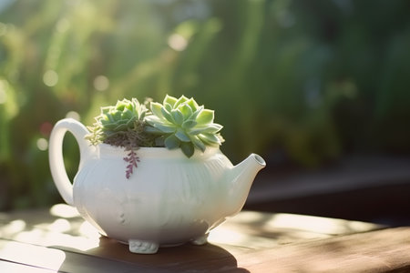 White teapot with succulents on a wooden table.の素材