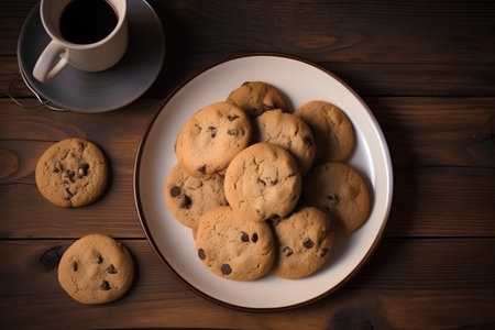 Chocolate chip cookies and a cup of coffee on a wooden tableの素材