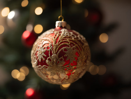 Christmas ball hanging from a christmas tree with bokeh backgroundの素材