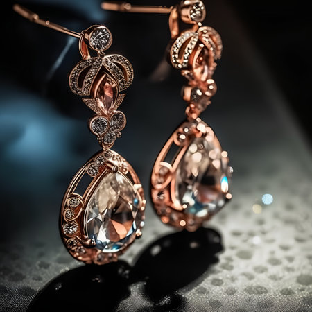 Jewelry. Beautiful earrings with precious stones on the table.の素材