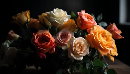 Bouquet of colorful roses on black background. Selective focus.の素材