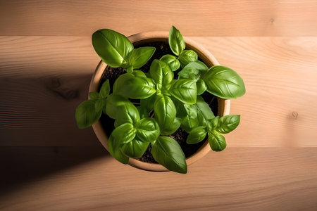 Fresh basil in a pot on a wooden background. Top view.の素材