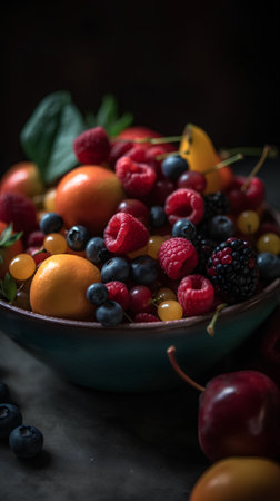 Mix of fresh berries in a bowl on dark background, selective focusの素材