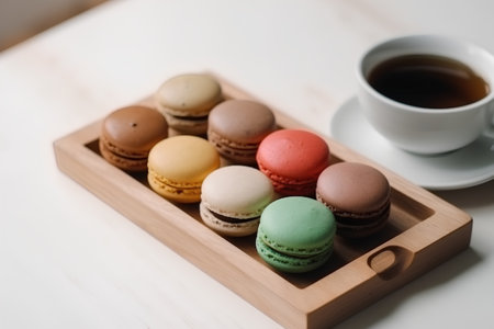 Colorful macaroons in a wooden tray with cup of coffeeの素材