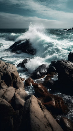 Beautiful seascape with waves crashing on the rocks. Toned.の素材