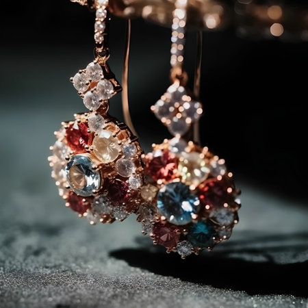 beautiful earrings with precious stones on a black background close-upの素材