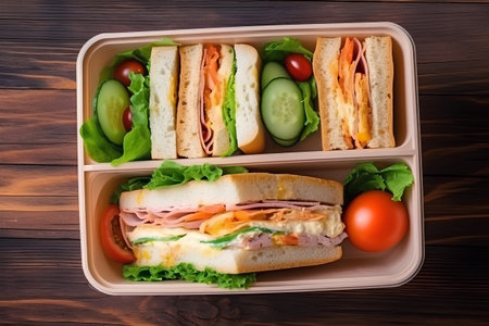 Tasty sandwiches with ham, cheese and vegetables in lunch box on wooden backgroundの素材
