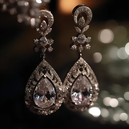 Silver earrings with rhinestones on a black background close upの素材