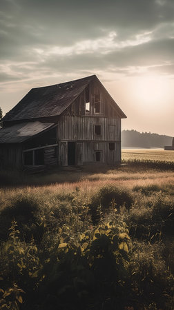 Old barn in a field at sunset. Vintage style toned pictureの素材