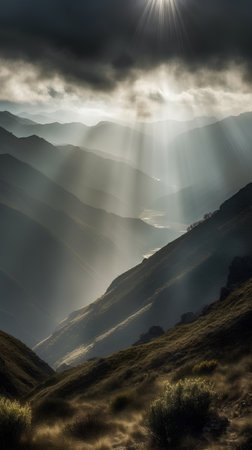 Mountain landscape with sunbeams and rays of light shining through the cloudsの素材