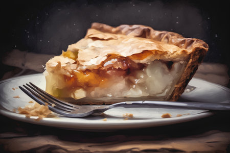 Piece of apple pie on a white plate with fork and knifeの素材