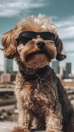 Yorkshire Terrier dog wearing sunglasses. Dog in the city.の素材