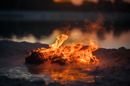 Bonfire on the bank of the river at sunset, close-upの素材