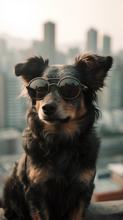Portrait of a dog with glasses on the background of the cityの素材